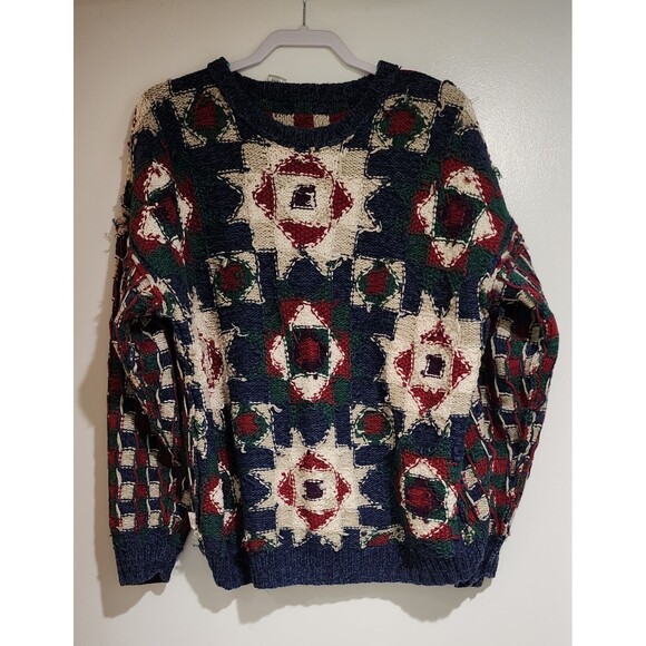 Norm Thompson Mens Cotton Hand-Knitted Sweater Multicolor Patchwork Pattern Sz M - Picture 5 of 9